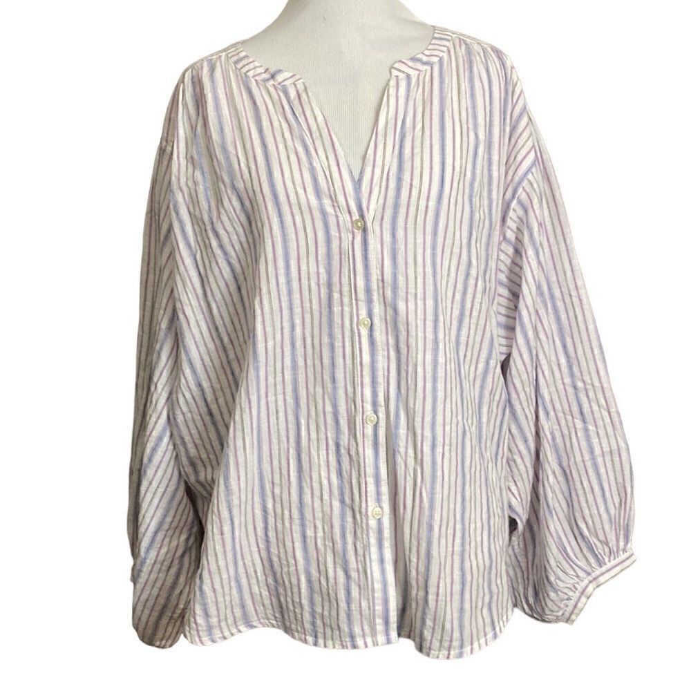 Loft Oversized Puff Sleeve Round Hem Button Up Blouse - Picture 3 of 15